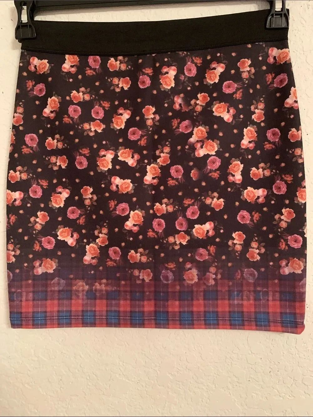 Zara Trafaluc Black Mini Skirt with Pink Floral and Blue Plaid Hem Size M
